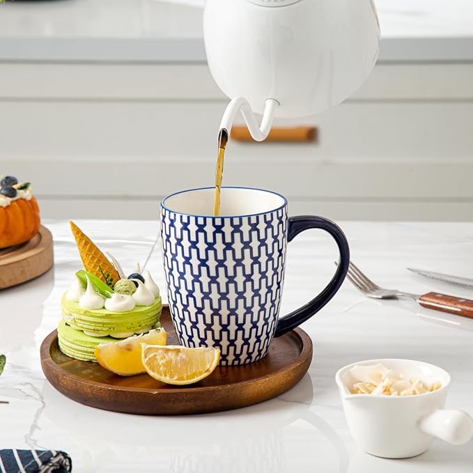 Ceramic Coffee Mugs Set - 16 Oz Large Porcelain Tea Cups with Handle for Men Women Latte Cocoa Cappuccino - Christmas Housewarming Gift - Dishwasher Safe - Set of 6 - Vintage Blue