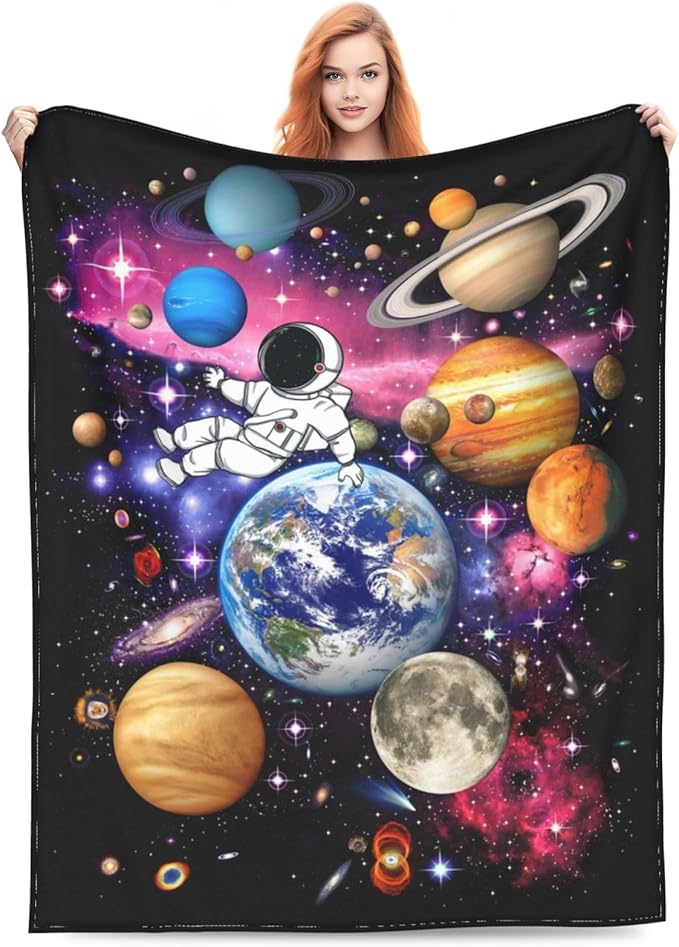 Space Blanket Galaxy Astronaut Throw Blankets Cozy Fleece Flannel Blanket Soft Warm Plush Lightweight Solar System Gifts Bedding for Boys Girls Teens Kids Adults for Couch Sofa Bed 50"X60"
