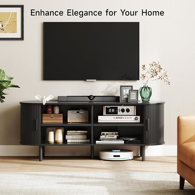 55" TV Stand with Power Outlet for TVs up to 60 Inch, Entertainment Center with Storage and Adjustable Shelves, Modern Media Console with Sliding Doors for Living Room, Black