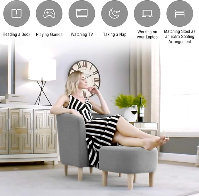 DAZONE Accent Chair with Ottoman, Modern Comfy Armchair Upholstered Barrel Club Chair and Footrest Set, Fabric Tub Arm Chairs for Living Room Bedroom Small Spaces Apartment Office, Set of 2, Gray