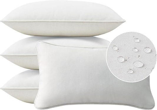 Decorative Outdoor Water Repellent Throw Pillows with Inserts, Set of 4, 20" x12" Pillows for Patio, Backyard, Bed, Couch, and Patio Furniture, Linen