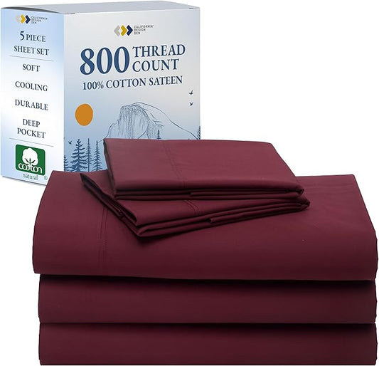 California Design Den Split King Sheets Set - Luxury Hotel 800 Thread Count Sateen, Soft and Natural 100% Cotton Sheets, Deep Pockets with Anti-Skid Elastic for a Snug Fit, Cool and Durable - Red Wine