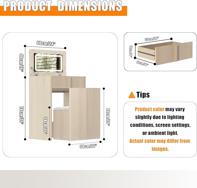 24" Vanity with Chair, Makeup Vanity Desk with Lights and Flip Top Mirror, Compact Vanity with 2 Drawers, Reinforced Legs, Whitewashed Oak