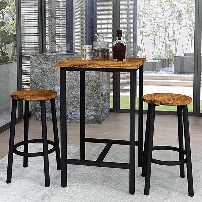 Recaceik 3 Piece Pub Dining Set, Modern bar Table and Stools for 2 Kitchen Counter Height Wood Top Bistro Easy Assemble for Breakfast Nook Living Room Small Space Restaurant, Rustic Brown 24