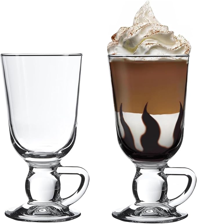 Irish Coffee Mugs | Set of 2 | Glass Hot Chocolate Mugs with Handle, Footed Hot Toddy and Cappucino Cup, Hot Beverages Gift, 8 oz