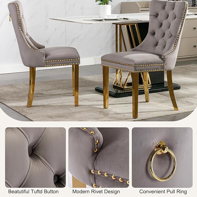 3-Piece Faux Marble Round Dining Table Set for 2, Modern Luxury Kitchen Table Set for 2 with Grey Tufted Chairs,Circle Dining Tables with Pandora Grain Top and Bronze Pedestal Base