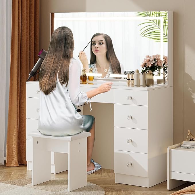 VOWNER Vanity with Lighted Mirror - 47" Glass Top Makeup Vanity Desk with 9 Drawers and Power Outlet, 3 Color Lighting Modes Adjustable Brightness, Makeup Desk with Cushioned Stool for Bedroom, White