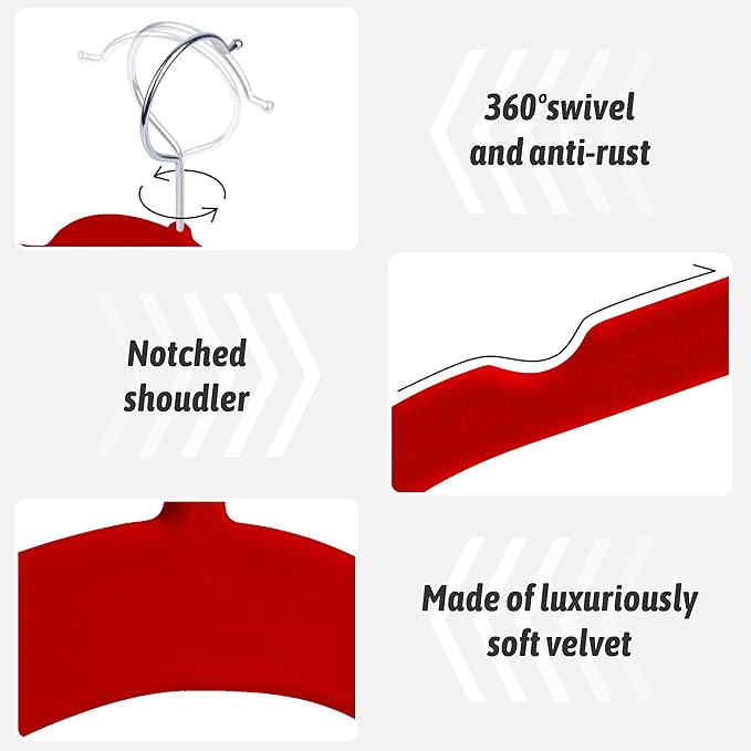 Velvet Hangers 50 Pack – Slim Non-Slip Flocked Hangers with 360° Swivel Hook, Space-Saving Closet Organizer for Dresses, Blouses, Coats(Red)