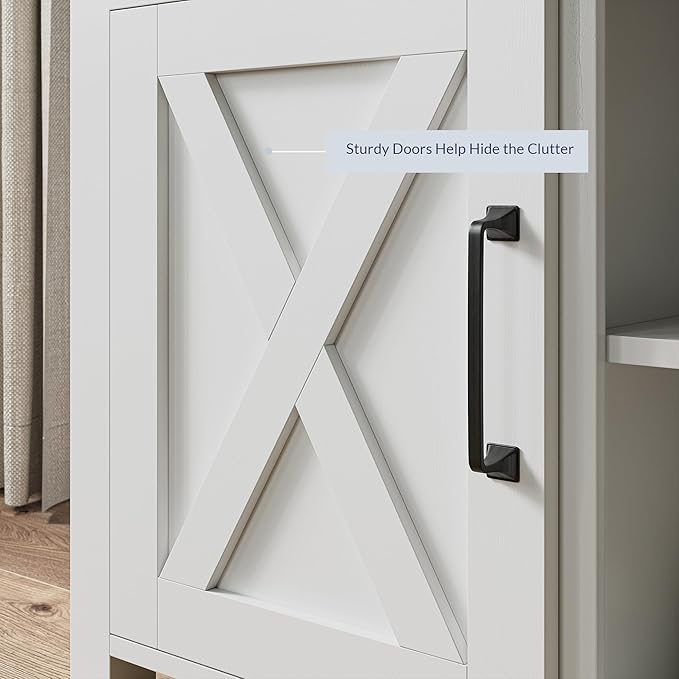 BELLEZE 58 Inch TV Stand, Contemporary Entertainment Center for TVs up to 65", Wood Media Console Table with Two Open Shelves and Barn Door Cabinets - Corin (White)