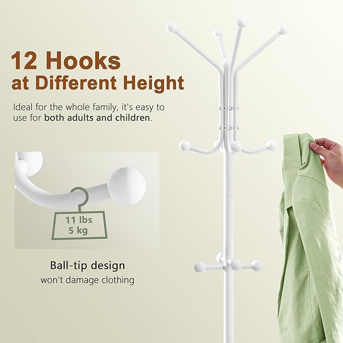 Hoctieon Coat Rack Freestanding, Coat Tree with Umbrella Holder, Metal Coat Rack Stand with 12 Hooks, Standing Coat Hanger Stand, Umbrella Stand for Entryway, Hat Rack Stand for Home Office, White