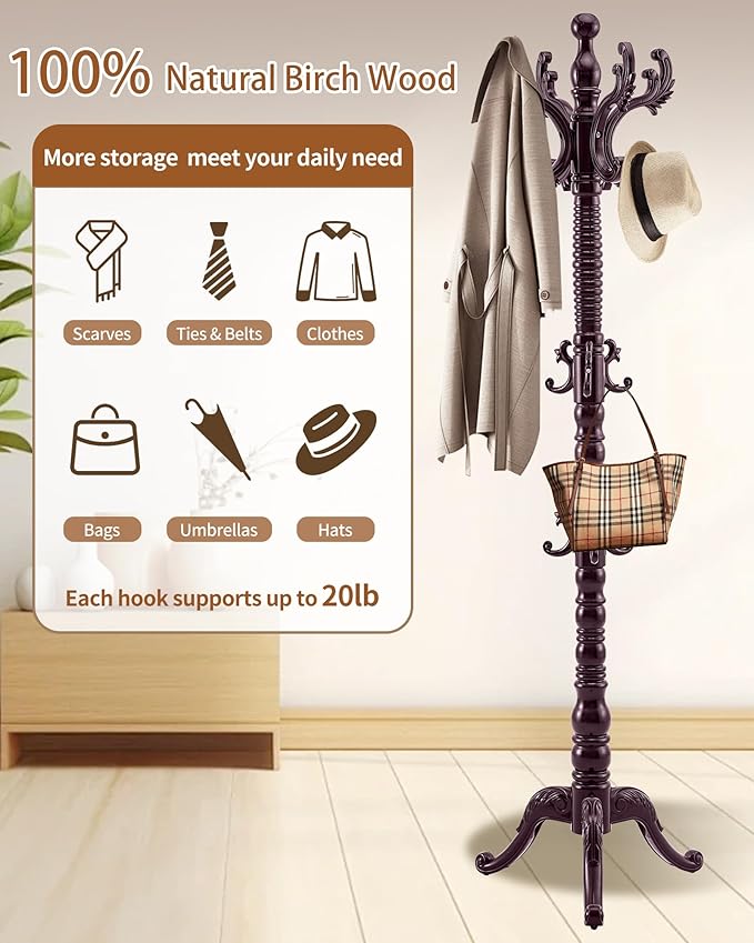 Wooden Coat Rack Freestanding, Solid Wood Coat Rack Stand with 14 Hooks, Vintage Heavy Duty Coat Racks,Standing Coat Jacket Hanger Tree Stand for Corner, Office, Entryway
