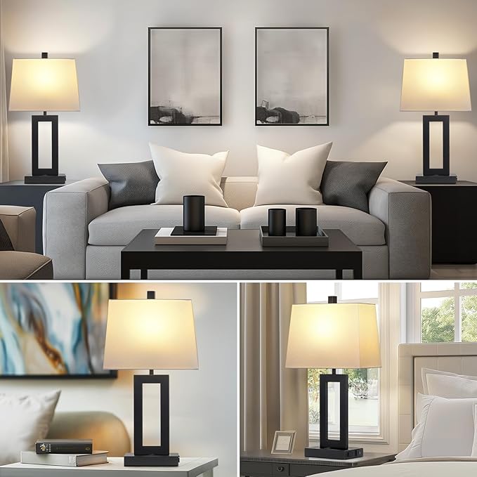 Table Lamp Set of 2 with USB C+A Ports & AC Outlet, Bedside Lamps, Modern Bedroom Lamps, Black Lamps for Night Stands Bedroom Living Room,Nightstand Lamp