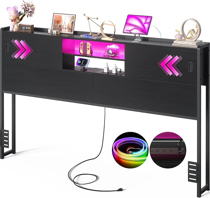 Homieasy Headboard for King Size Bed with Storage, Sturdy Bookcase Headboards with Outlet, USB & LED Light, King Size Headboard Only, Head Board with Sliding Doors & Bed Adapter for Bedroom, Black
