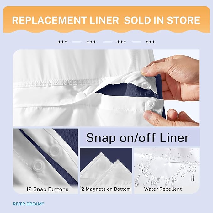 River Dream Heavyweight Navy Blue No Hooks Required Dotted Waffle Weave Shower Curtain with Snap in Liner - 71W x 74H,Hotel Grade,Spa Like Bath Curtain