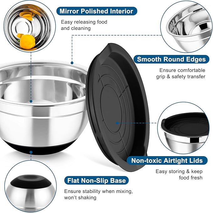 TeamFar Mixing Bowls Set of 5, Stainless Steel Nesting Salad Bowl with Lid & 3 Grater Attachments for Salad Mixing/Food Storage, Healthy, Airtight Lid & Non-slip Bottom - 4.6/3.5/2.5/1.5/1 QT