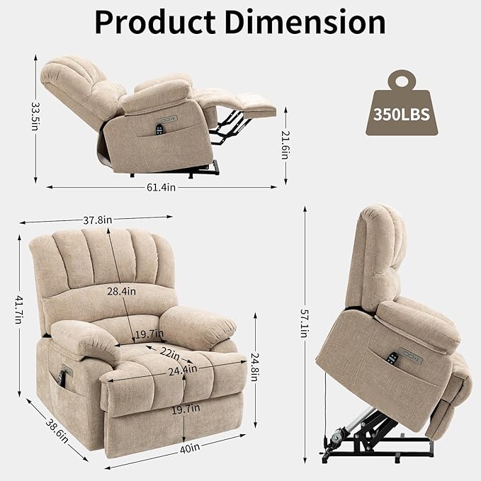 Large Recliner with Massage & Heat, Power Lift Chairs for Elderly, Beige Plush Recliner, 23" Seat Width, Extra Wide Reclinning for Seniors W/USB and Type-C Ports