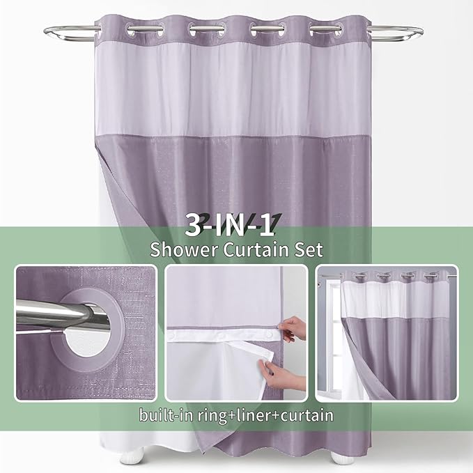 Lavender No Hook Shower Curtain with Snap-in Fabric Liner Set,Slub Textured Fabric Shower Curtains for Bathroom,Hotel Style Modern Shower Curtain,Water Repellent & Washable,71x74(72)
