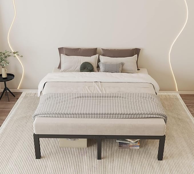 ROIL 14 inch Queen Size Bed Frame with Wood Slats - 3500lbs Heavy Duty No Box Spring Needed Platform, Mattress Stoppers Double Metal Noise Free Bedframe with Headboard Hole
