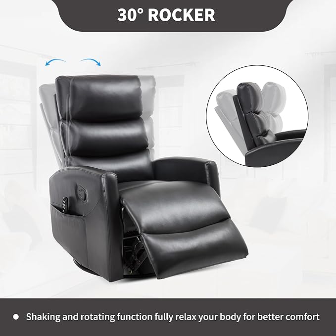 PELUMY Massage Recliner Chair with Heat - Manual Rocker Swivel Recliner, 360° Rotation & 155° Recline for Living Room（Breathable Leather, Black）