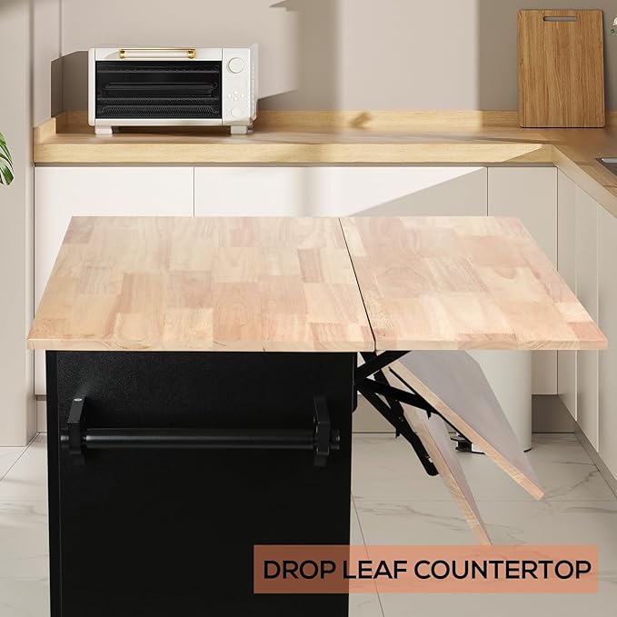 VOWNER 43" W Kitchen Island with Drop Leaf, Rolling Kitchen Island with Drawers, Portable Island Kitchen with Storage, Floating Kitchen Cart with Spice Rack & Towel Rack, Isla para Cocina (Black)