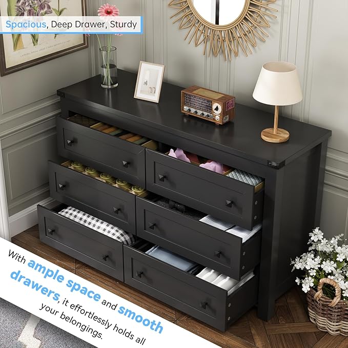 Black Dresser for Bedroom with 6 Drawers, Modern Chest of Drawers, Wood Dressers Bedroom Furniture Wide Storage Organizer, 6 Drawer Dresser for Closet, Living Room, Hallway
