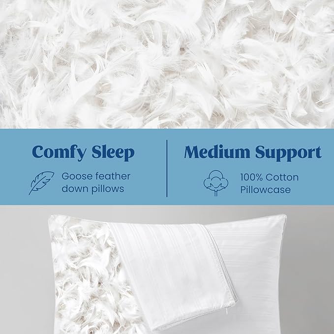 puredown Goose Feather Down Pillows, Embossing Bed Pillows for Sleeping with 2 Outer Protectors, Hotel Standard/Queen Pillows Set of 2 (Pack of 2)