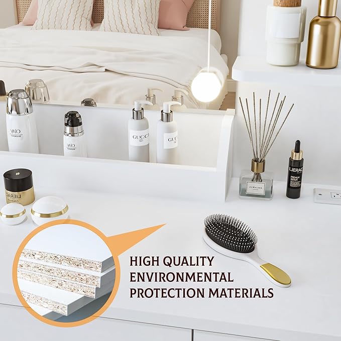 Vanity Desk with Mirror and Lights Dimmable LED Makeup Vanity Table with Drawers Side Cabinet 3 Storage Shelves Power Outlet Dressing Table Set include Holder Cushioned Stool for Bedroom(white)