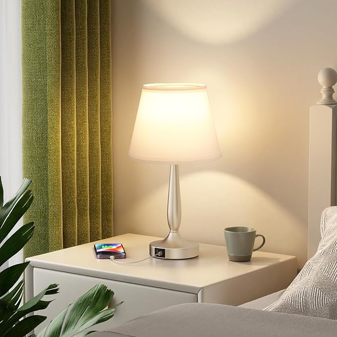 Kakanuo Touch Table Lamp for Bedroom, Small Bedside Lamp with USB C Charging Port, 3 Way Dimmable Touch Control Nightstand Lamp for Living Room, White Shade and Champagne Gold Base