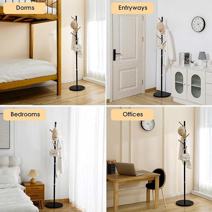 A&M Coat Rack Freestanding with 6 Wooden Hooks & Marble Base - 18 lbs Metal Coat Tree Stand for Hanging Clothes, Hats, Bags, & Jackets - Heavy Duty Purse Rack Stand for Entryway, Bedroom & Office