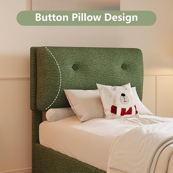 Twin Bed Frames,Breathable Boucle Fabric Upholstered Bed Frame Twin with Headboard,Removable and Washable,Wood Slat Support,No Box Spring Needed,Easy Assembly,Cama Individual,Green