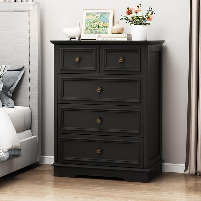 5 Drawer Dresser for Bedroom, Black Wooden Dresser and Chest of Drawers with Metal Handle, Bedroom Drawer Dressers for Living Room, Entryway, Hallway