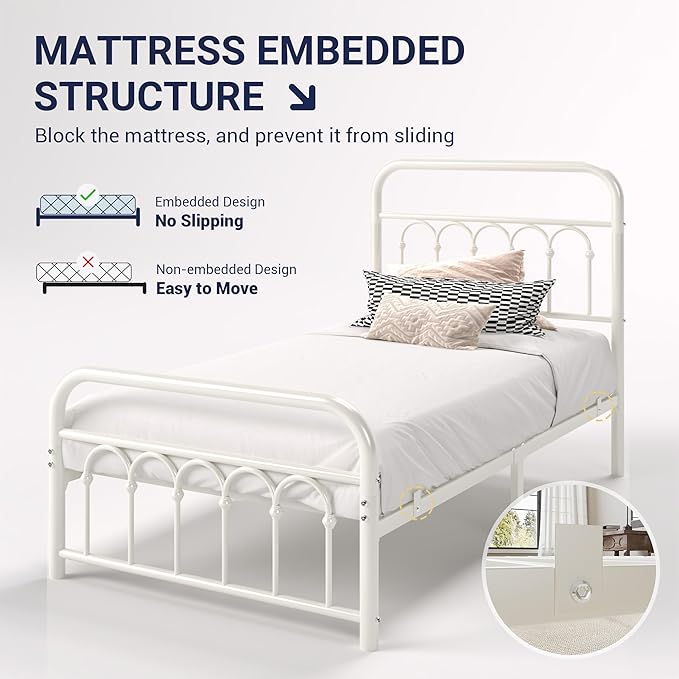 Allewie 14 Inches Twin Size Metal Platform Bed Frame with Victorian Style Curved Iron-Art Headboard/Footboard, Metal Slats Support, Easy Assembly, Under Bed Storage, No Box Spring Required, White