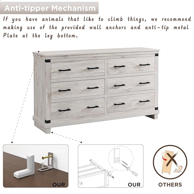 T4TREAM Farmhouse 6 Drawers Dresser for Bedroom, 54" Wide Wood Chest of Drawers w/Natural Texture & Metal Handle, Rustic Storage Dressers Organizer for Living Room, Hallway, Antique Brush White