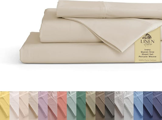 Linen Home 100% Cotton Percale Sheets Queen Size, Ivory, Deep Pocket, 4 Pieces Set - 1 Flat, 1 Deep Pocket Fitted Sheet and 2 Pillowcases, Crisp Cool and Strong Bed Linen