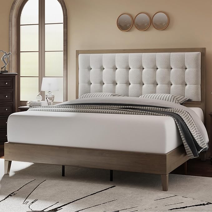 Jocisland Wood Queen Size Bed Frame,Tall Upholstered Tufted Headboard, Solid Wood Platform, No Box Spring Needed, Ash Gray