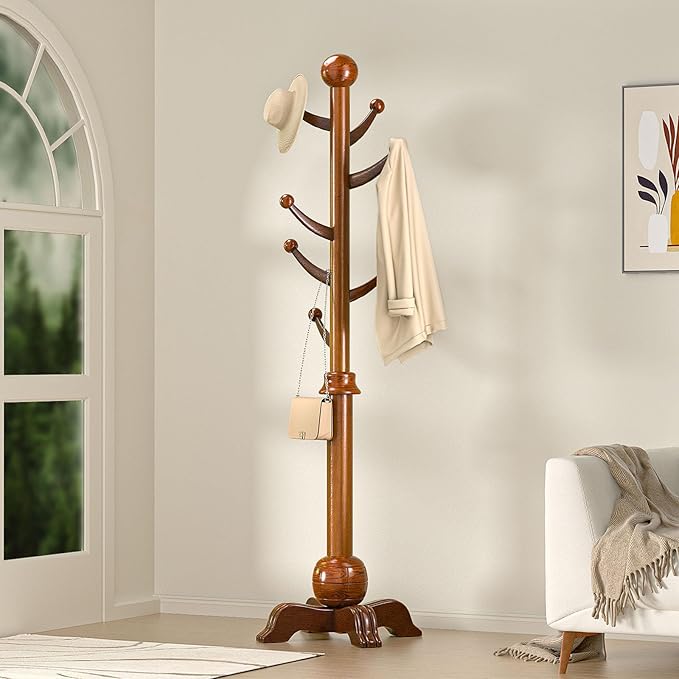 Hall Tree, Freestanding Wood Tree Rack with 7 Hooks, Coat Rack with Stable Sphere Base, Wooden Coat Rack Stand, Load 210 lb, Coat Hanger Stand for Entryway, Hallway, Bedroom, H:72 in, Walnut