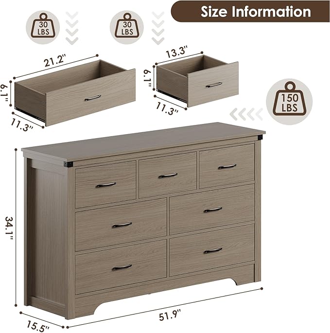 Farmhouse 7 Drawer Dresser for Bedroom, 51" Wide Chest of Drawers, Wooden Dresser TV Stand, Storage Dressers Organizer for Bedroom, Living Room, Hallway, Light Rustic Oak