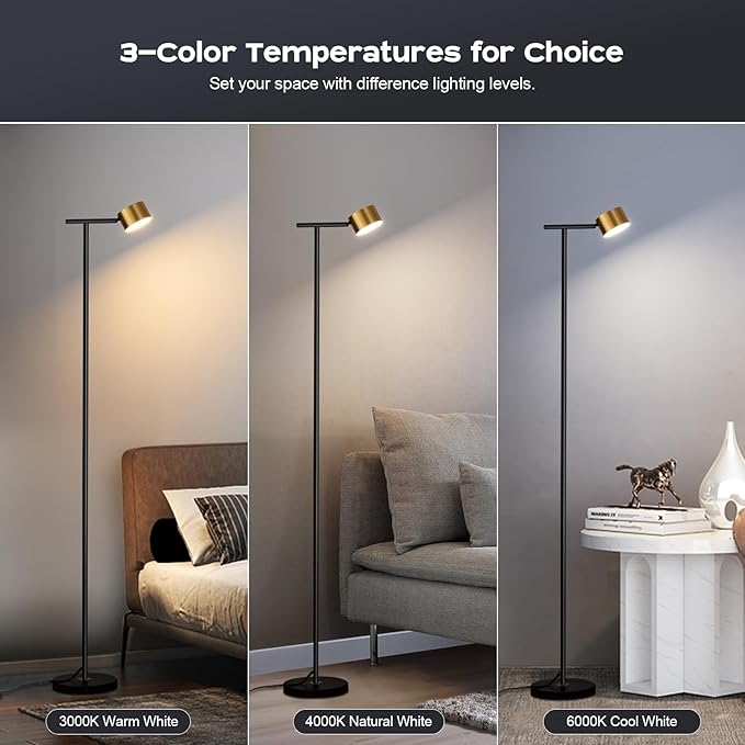 Floor Lamps for Living Room, 3 Color Temperatures Floor Reading Lamp with Flexible Head,Modern Tall Floor Lamp for Bedroom,Standing Lamp for Office Working,Black