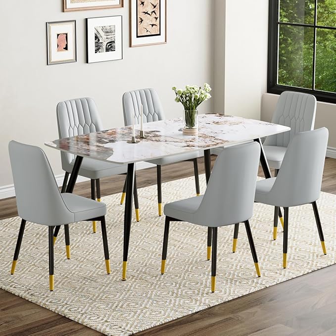 Dining Room Table Set for 6, Dinner Table Set for 6, Sintered Stone Kitchen Table Top and Modern Chairs Set of 6 for Kitchen Dining Room