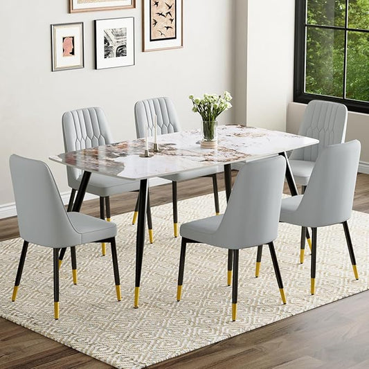 Dining Room Table Set for 6, Dinner Table Set for 6, Sintered Stone Kitchen Table Top and Modern Chairs Set of 6 for Kitchen Dining Room