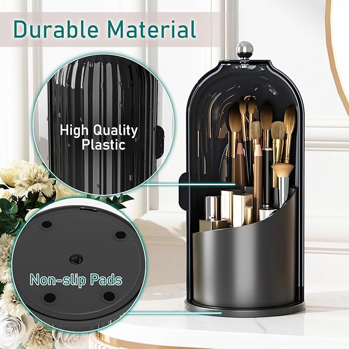 GAXmi Makeup Brush Holder with Lid Cosmetic Tools Organizer 360 Rotating Waterproof Dustproof Beauty Brushes Storage for Vanity, Dark Black