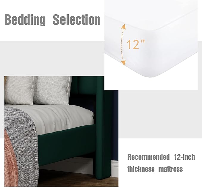 Upholstered Platform Twin Size Bed Frame with Headboard Wooden Slats Support No Noise Easy Assembly Green Velvet