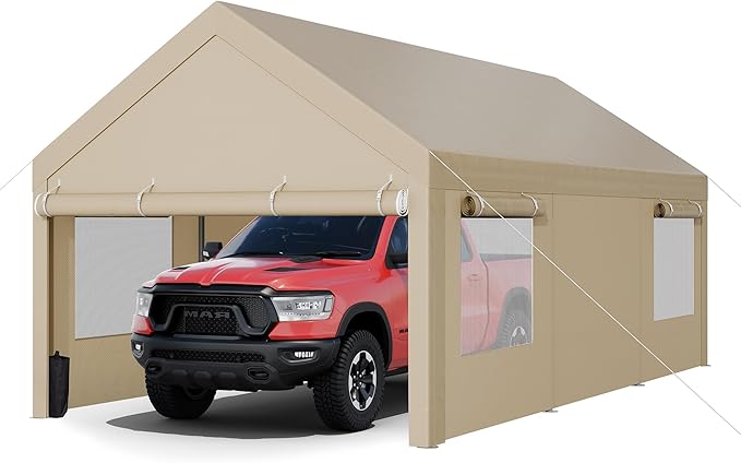 JY QAQA Carport, 10x20 FT Heavy Duty Carport with Removable Side Walls and Doors, Portable Garage with Roll-Up Window and Sandbags, Car Canopy with All-Season Tarp for Cars, Trucks, Boats, Khaki