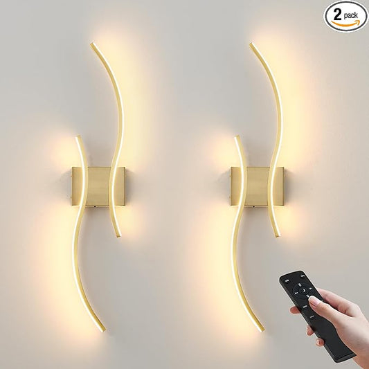 Battery Operated Wall Sconces Set of Two with Remote Control, Stepless Colors 3000K-6000K & Dimming, LED Brass Wireless Wall Light for Living Room, Hallway, Bedroom, 27.5 Inch (2 Pack)