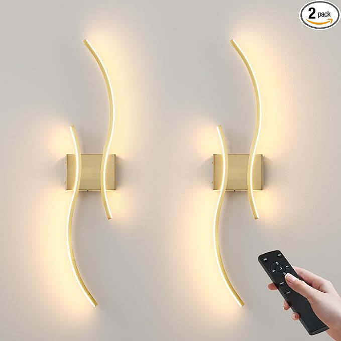 Battery Operated Wall Sconces Set of Two with Remote Control, Stepless Colors 3000K-6000K & Dimming, LED Brass Wireless Wall Light for Living Room, Hallway, Bedroom, 31.5 Inch (2 Pack)