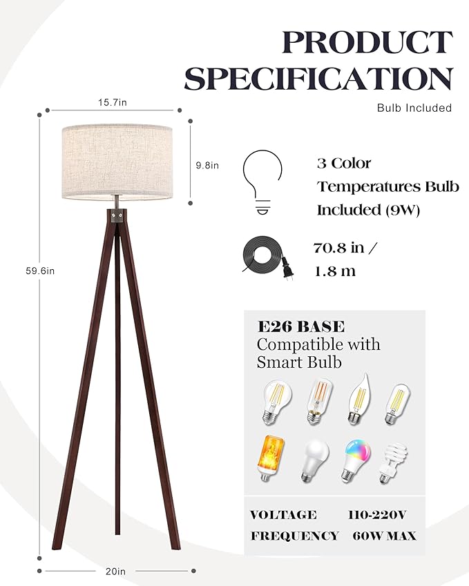 ELYONA Wood Tripod Floor Lamp, Mid Century Modern Reading Standing Light, Tall Studying Light with 3 Color Temperatures LED Bulb & Nature Linen Shade for Farmhouse Living Room Bedroom Office, Walnut