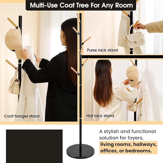 A&M Coat Rack Freestanding with 6 Wooden Hooks & Marble Base - 18 lbs Metal Coat Tree Stand for Hanging Clothes, Hats, Bags, & Jackets - Heavy Duty Purse Rack Stand for Entryway, Bedroom & Office