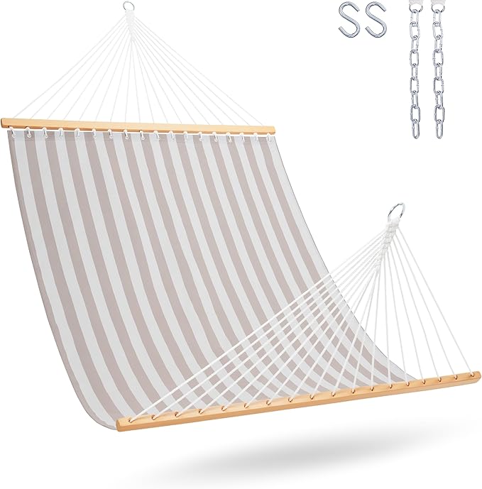 Lazy Daze Hammocks Quick Dry Hammock with Spreader Bar Textliene Fabric Double Outside Hammock with Chains Outdoor Patio Poolside Backyard Beach 450 lbs Capacity, Beige White Stripes