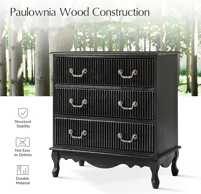 HULALA HOME Transitional Side Table with 3 Drawers and Charging Station, 28" Solid Paulownia Wood Sidetable with Vertical Stripe, Charcoal