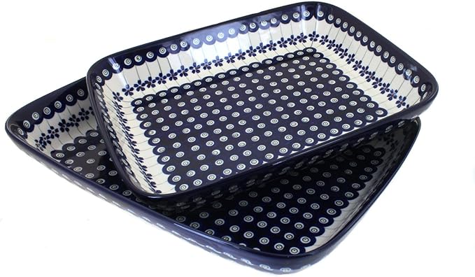 Blue Rose Polish Pottery - Blue Flowering Peacock Rectangular Baker Set - 2 Bakers - Unique, Dishwasher Safe, & Durable Bakeware